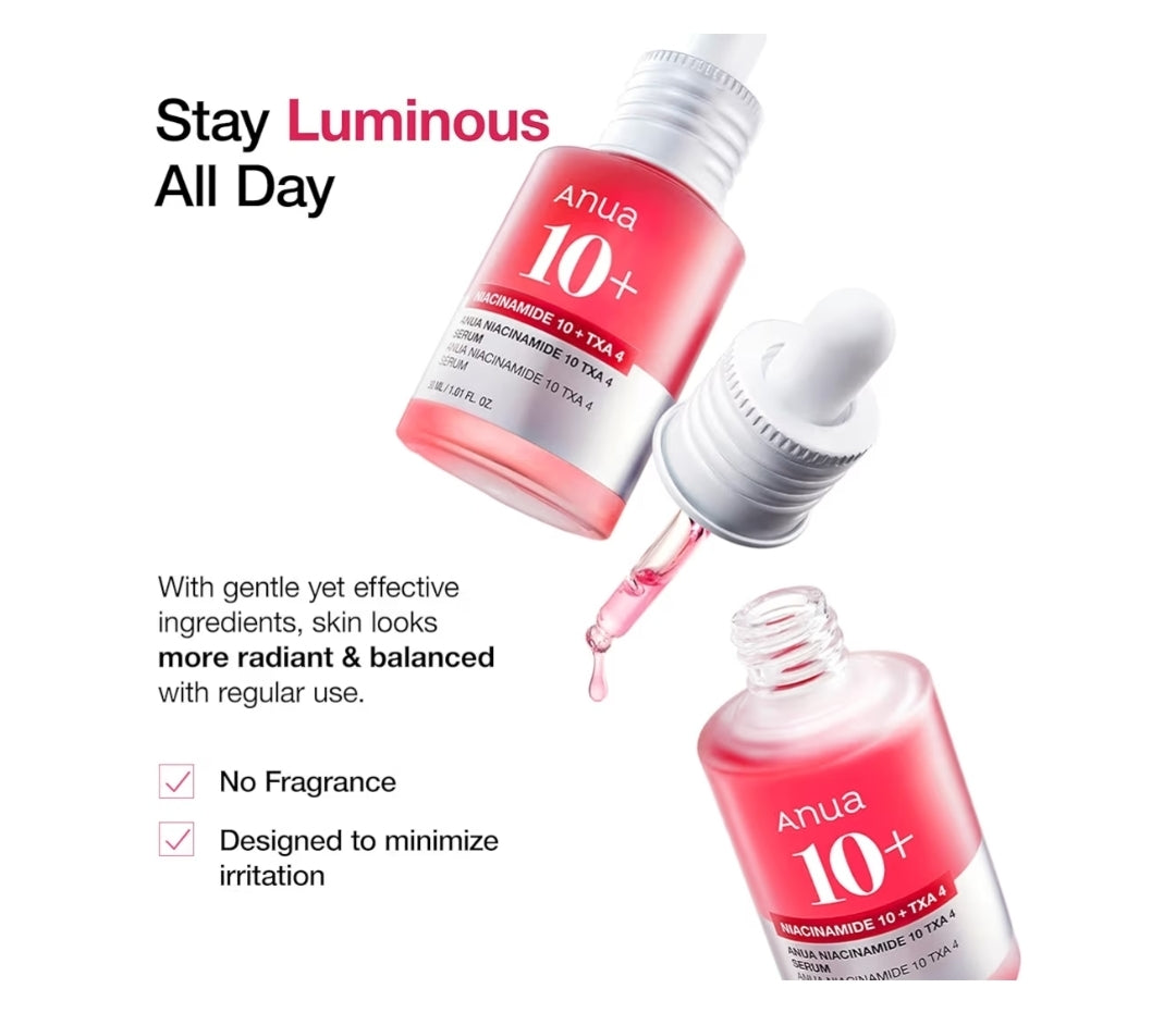 ANUA Niacinamide 10 + TXA 4 Serum, Hyaluronic Acid, Tranexamic Acid, Facial Serum for Glass Skin, Clarifying, Radiant Complexion with Natural Color