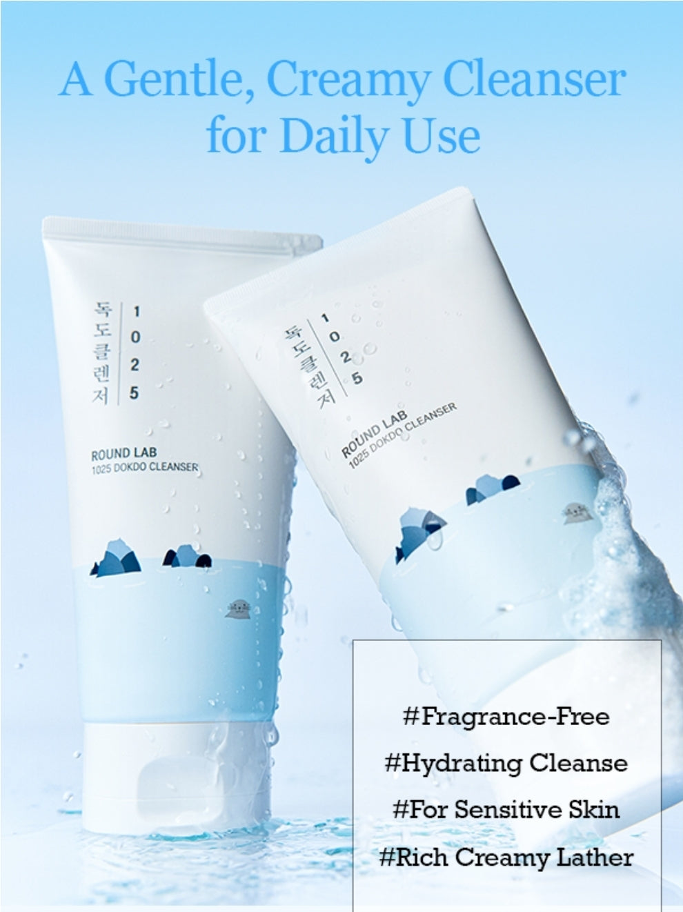 ROUND LAB 1025 Dokdo Cleanser - Low pH Facial Cleanser for Sensitive Skin, Rich Soft Bubbles for Deep Cleansing and Makeup Removal, Hydrating Face Wash with Deep Sea Water, Korean Skin Care