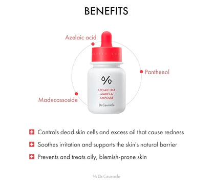 Dr.Ceuracle Azelaic Acid 10 & Madecassoside Ampoule - Redness Relief and Soothing Serum for Sensitive Skin