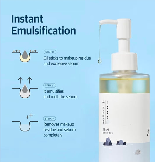 Aceite limpiador y desmaquillante Dokdo 1025 de ROUND LAB: elimina puntos negros y piel sensible.