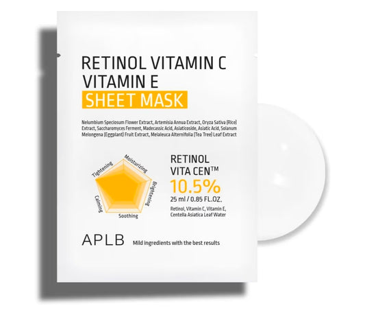 Mascarilla de lámina con retinol, vitamina C y vitamina E de APLB - RETINOL VITA CEN 10,5 % Hidratación duradera, cuidado antiarrugas, revitalizante para suavizar y mejorar la textura de la piel - 1 mascarilla