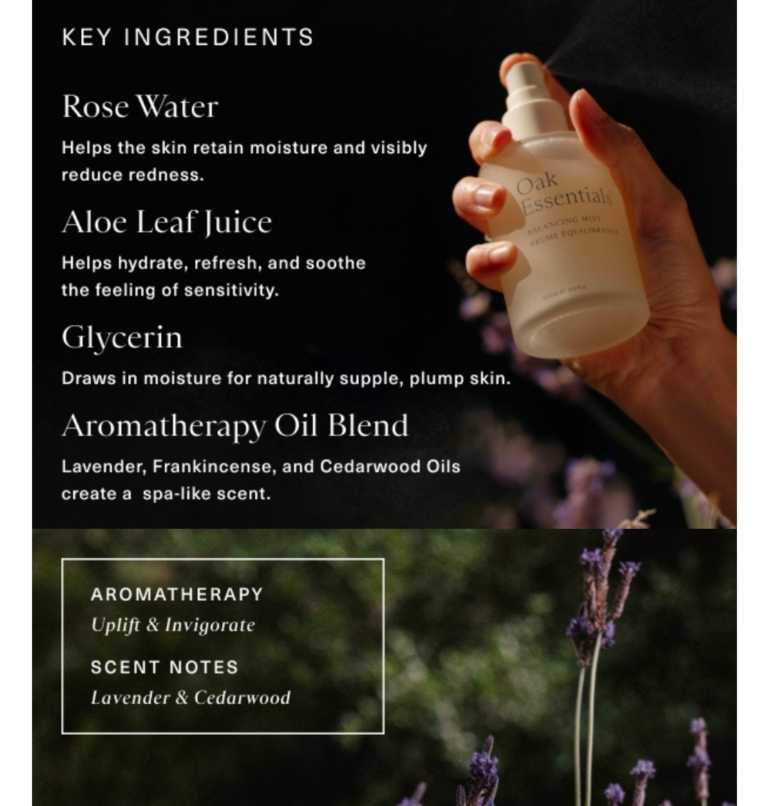 Oak Essentials Balancing Mist - Bruma facial tonificante con agua de rosas y aloe, rica en antioxidantes, que ayuda a hidratar, calmar y refrescar.