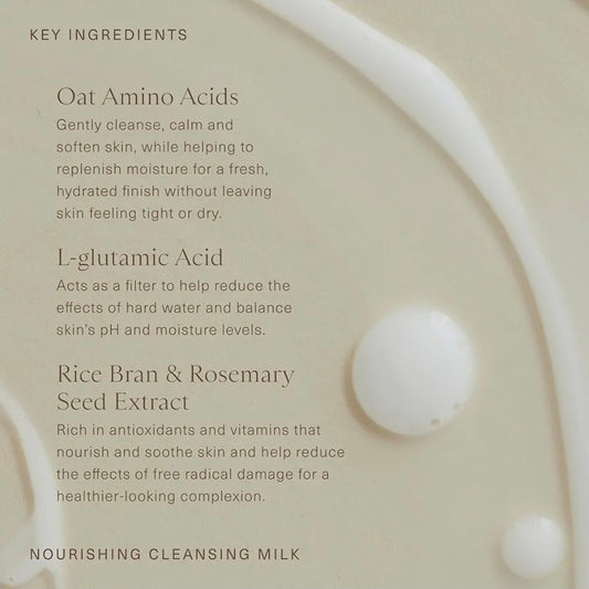 Leche limpiadora nutritiva Oak Essentials: aminoácidos de avena, ácido L-glutámico, salvado de arroz y extracto de romero para un acabado fresco e hidratado.