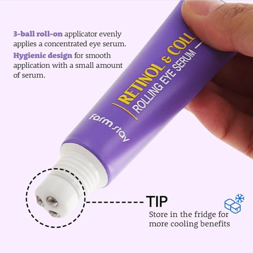 Farmstay Retinol Rolling Eye Serum with 2% Niacinamide & Collagen – Hydrating Korean Eye Roller for Dark Circles, Puffy Eyes & Wrinkles