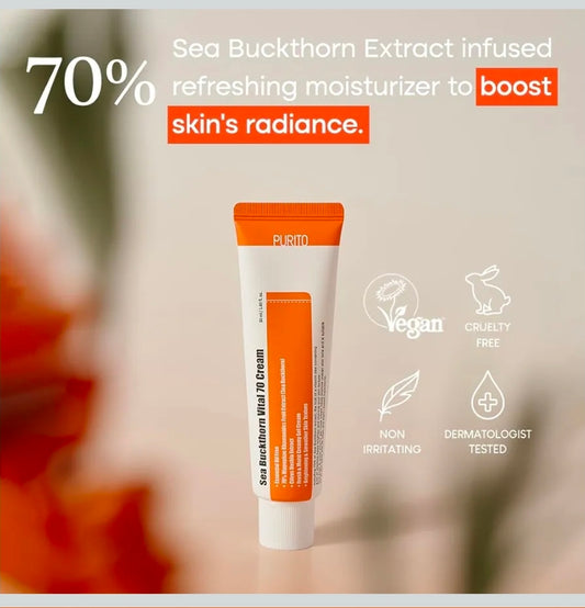 PURITO Sea Buckthorn Vital 70 Cream - Evens up and visibly smooth skin’s texture, reduce wrinkles