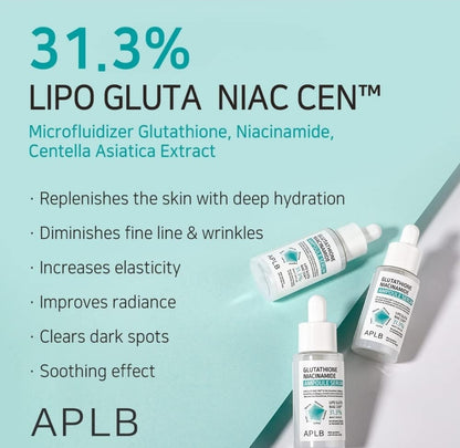 Suero en ampolla de glutatión y niacinamida APLB: hidratación duradera, mejora la elasticidad y la textura.