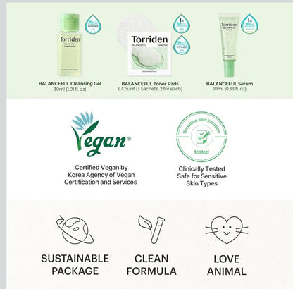 Torriden BalanceFul Cica Trial Kit - Centella Asiatica Extract - Cica Infused Daily Skincare Kit - 4 Step Regimen with Cleansing Gel, Toner Pad, Serum, and Cream - 4 Piece Set