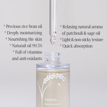MIDHA Rice Facial Oil - Skin Moisturizing, Deep Hydration and Quick Absorption - Non greasy Light Oil