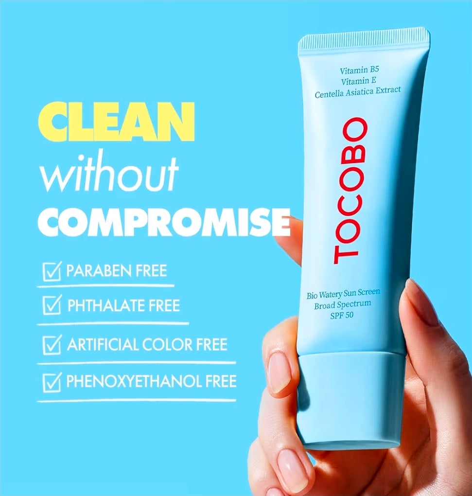 Tocobo Bio Watery Sunscreen FPS 50 - Loción solar facial coreana de amplio espectro con ácido hialurónico - Loción protectora solar facial ligera de uso diario - Vegana, hipoalergénica, sin oxibenzona