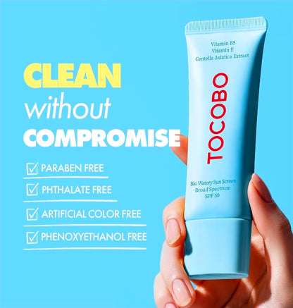 Tocobo Bio Watery Sunscreen FPS 50 - Loción solar facial coreana de amplio espectro con ácido hialurónico - Loción protectora solar facial ligera de uso diario - Vegana, hipoalergénica, sin oxibenzona