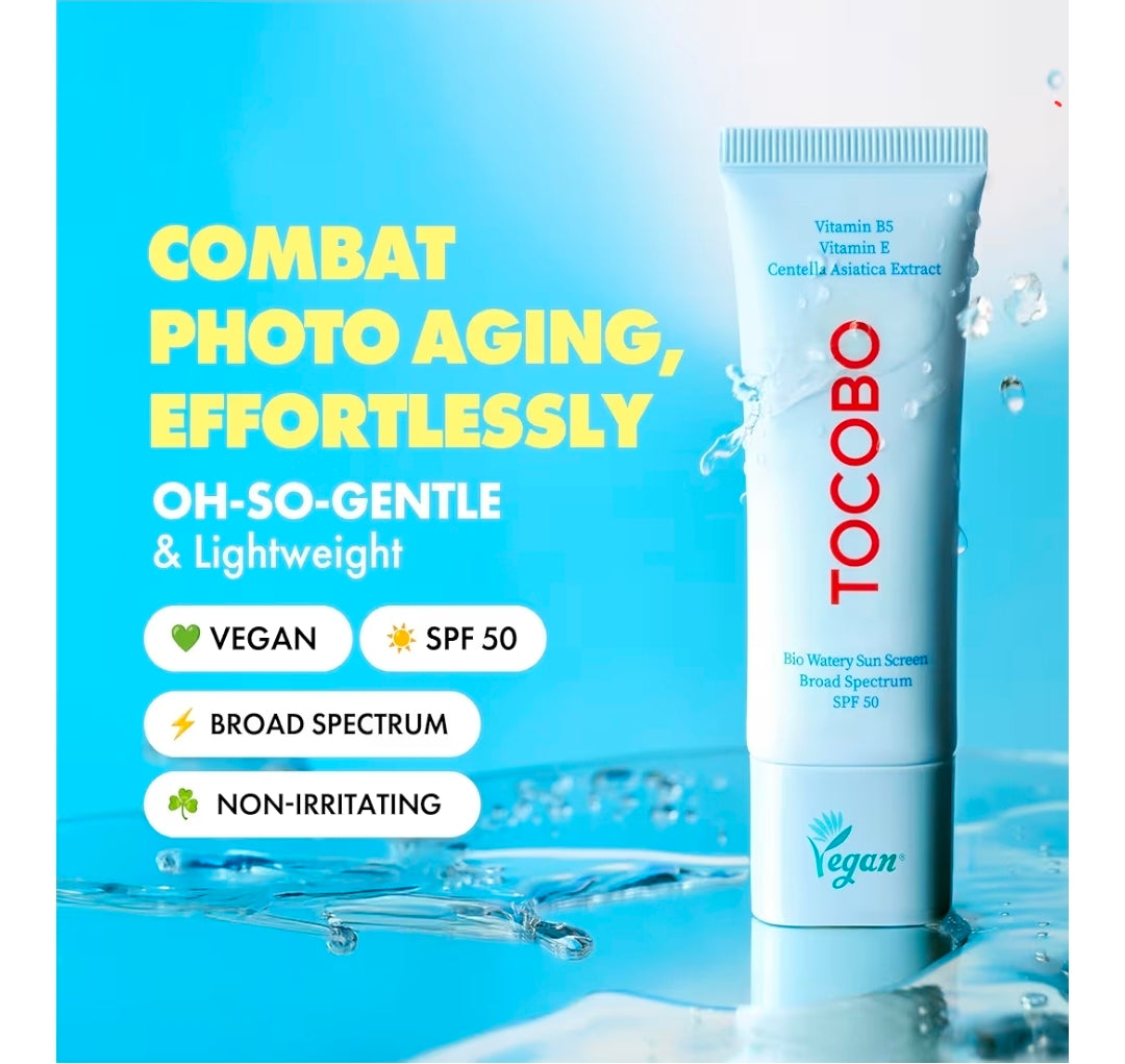 Tocobo Bio Watery Sunscreen FPS 50 - Loción solar facial coreana de amplio espectro con ácido hialurónico - Loción protectora solar facial ligera de uso diario - Vegana, hipoalergénica, sin oxibenzona