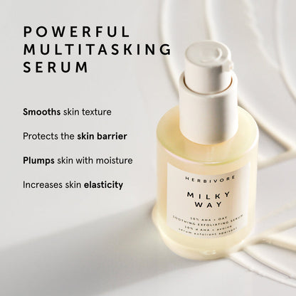 Herbivore Milky Way 10% AHA + Oat Soothing Exfoliating Serum - Deeply exfoliates the surface of skin for instant glow and repairs the skin barrier