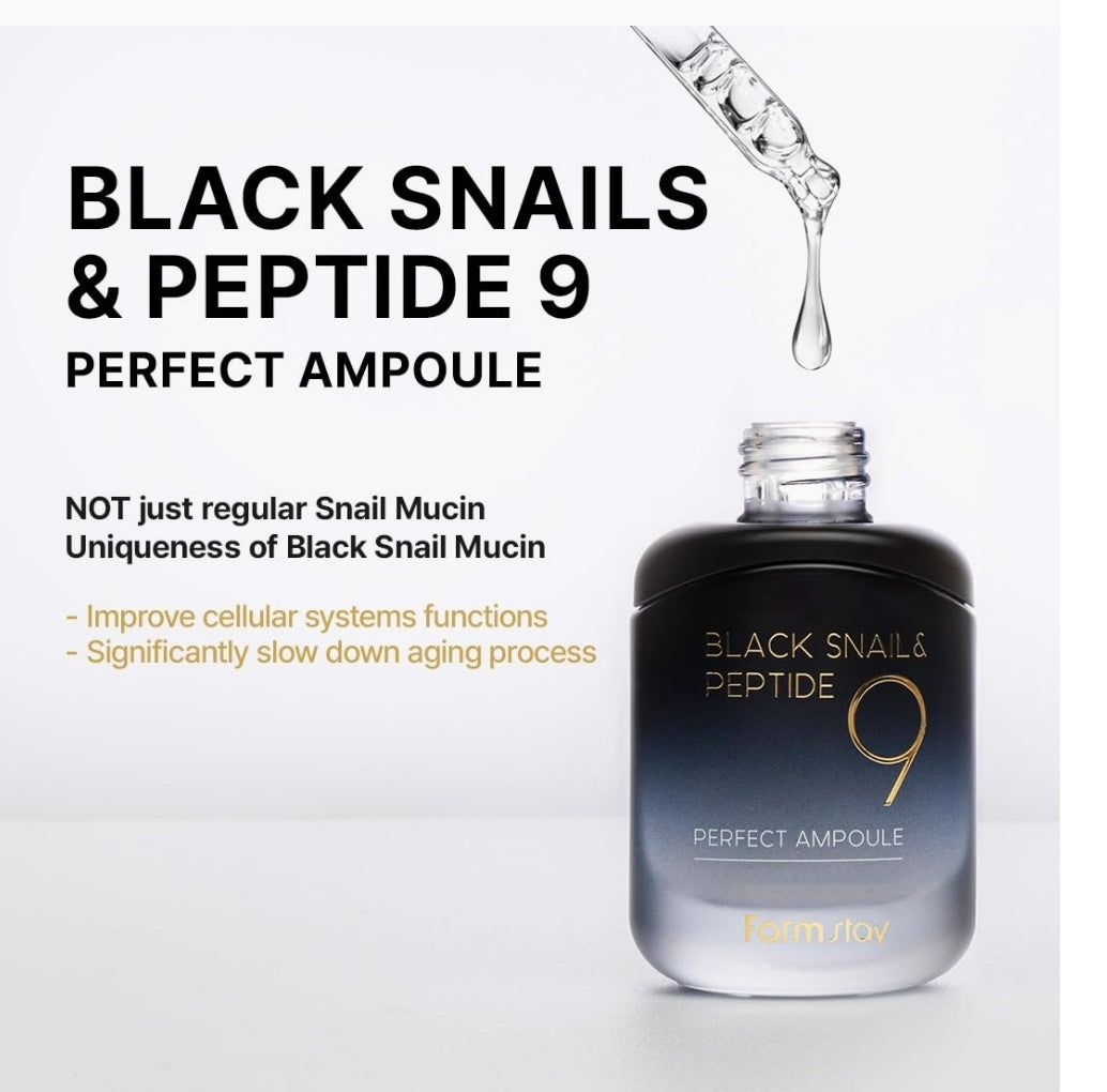 Farmstay Black Snail & Peptide9 Perfect Ampoule -  Snail Mucin Serum for Elastic & Glow Skin, Boosting Radiance & Repairing Skin Barrier Serum