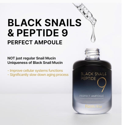 Farmstay Black Snail & Peptide9 Perfect Ampoule -  Snail Mucin Serum for Elastic & Glow Skin, Boosting Radiance & Repairing Skin Barrier Serum