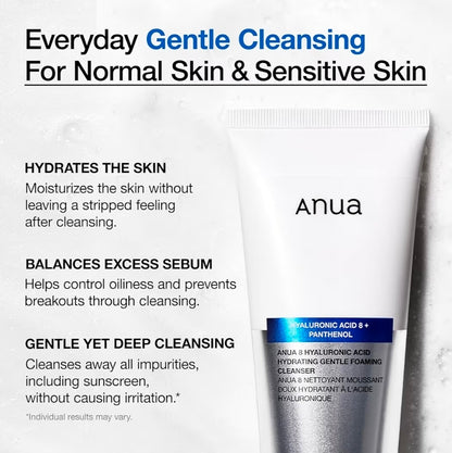 Anua Hyaluronic Acid 8 + Panthenol Cleanser - Hydrating Gentle Foaming Cleanser Hyaluronic Acid, Glycerin, Zinc, Panthenol, Korean Face Wash for Dry Skin