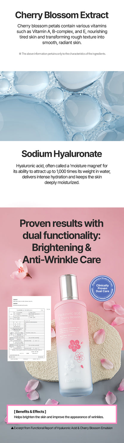 Farmstay Hyaluronic Acid & Cherry Blossom Emulsion - Brightening and Anti-Wrinkle - Removes dead skin cells, improving overall skin texture