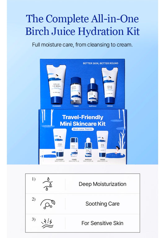 ROUND LAB Birch Juice Moisturizing Mini Kit - 4-Step Travel Size Skincare Set (Cleanser, Toner, Serum, Cream), for Acne-Prone and Sensitive Skin