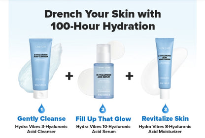 I DEW CARE Cuidado de la Piel - Hydra Vibes - Set de 3 piezas + 1 Diadema de Gato Gratis - Limpiador, suero y humectante con ácido hialurónico de diferente peso molecular