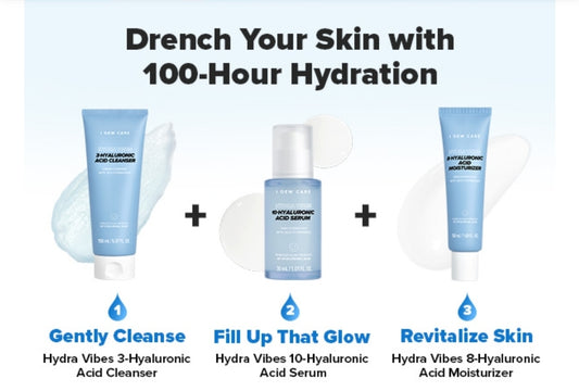 I DEW CARE Cuidado de la Piel - Hydra Vibes - Set de 3 piezas + 1 Diadema de Gato Gratis - Limpiador, suero y humectante con ácido hialurónico de diferente peso molecular