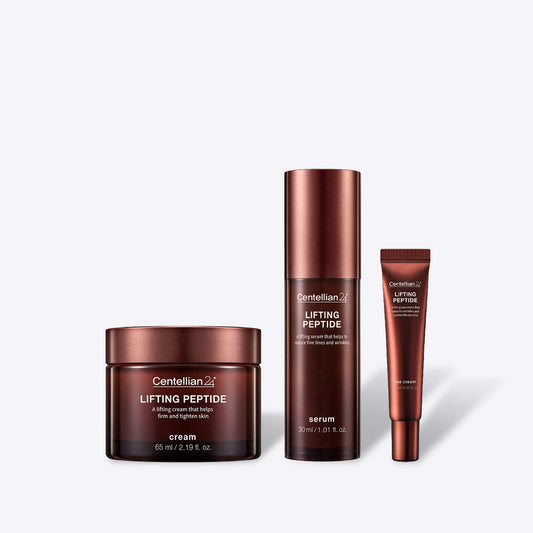 Centellian24 Lifting Peptide Routine Set - A Comprehensive 3D Lifting Solution. The peptide serum, eye cream, and face cream together creates a powerful tightening effect