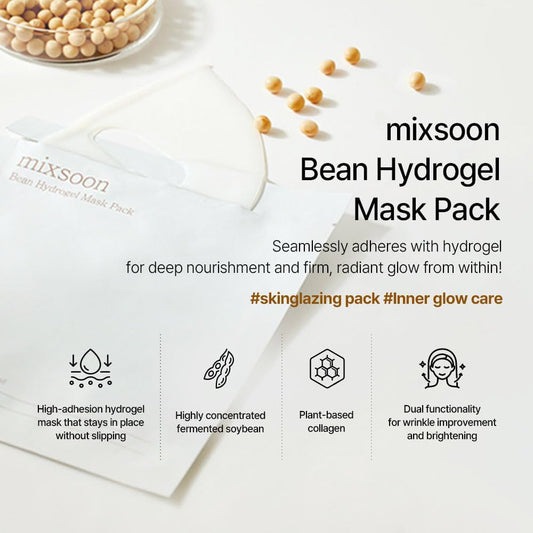 Mixsoon Bean Collagen Hydrogel Mask - Plant-Based Nutrition, Radiance, Hydration All-In-One Firming, Absorbing Over Time Korean Bean Essence Korean Collagen Mask - 1 Mask