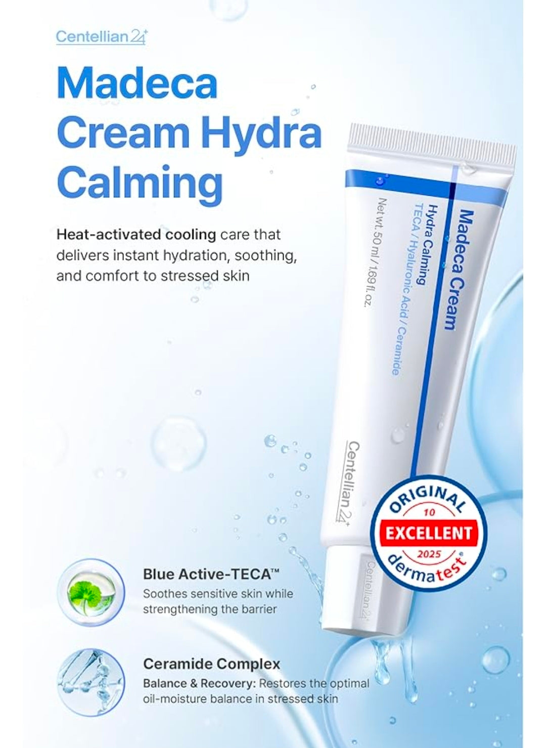 CENTELLIAN24 MADECA CREAM HYDRA CALMING – Cooling hydrating face cream designed to soothe irritation, control excess sebum, strengthen the skin barrier, and provide heat reactive calming moisture for sensitive and acne prone skin