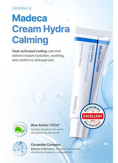 CENTELLIAN24 MADECA CREAM HYDRA CALMING – Cooling hydrating face cream designed to soothe irritation, control excess sebum, strengthen the skin barrier, and provide heat reactive calming moisture for sensitive and acne prone skin