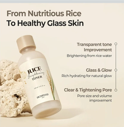 Skinfood Rice Brightening Toner - Glow Glass Skin, Natural Rice Water Milk for Pore Minimizing, Hydrating, Glowing Skin, Vegan