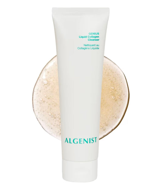 Limpiador facial espumoso de colágeno líquido GENIUS de Algenist: limpiador facial hidratante y desmaquillante con ácido algurónico y aceite de microalgas para nutrir y restaurar la luminosidad de la piel.