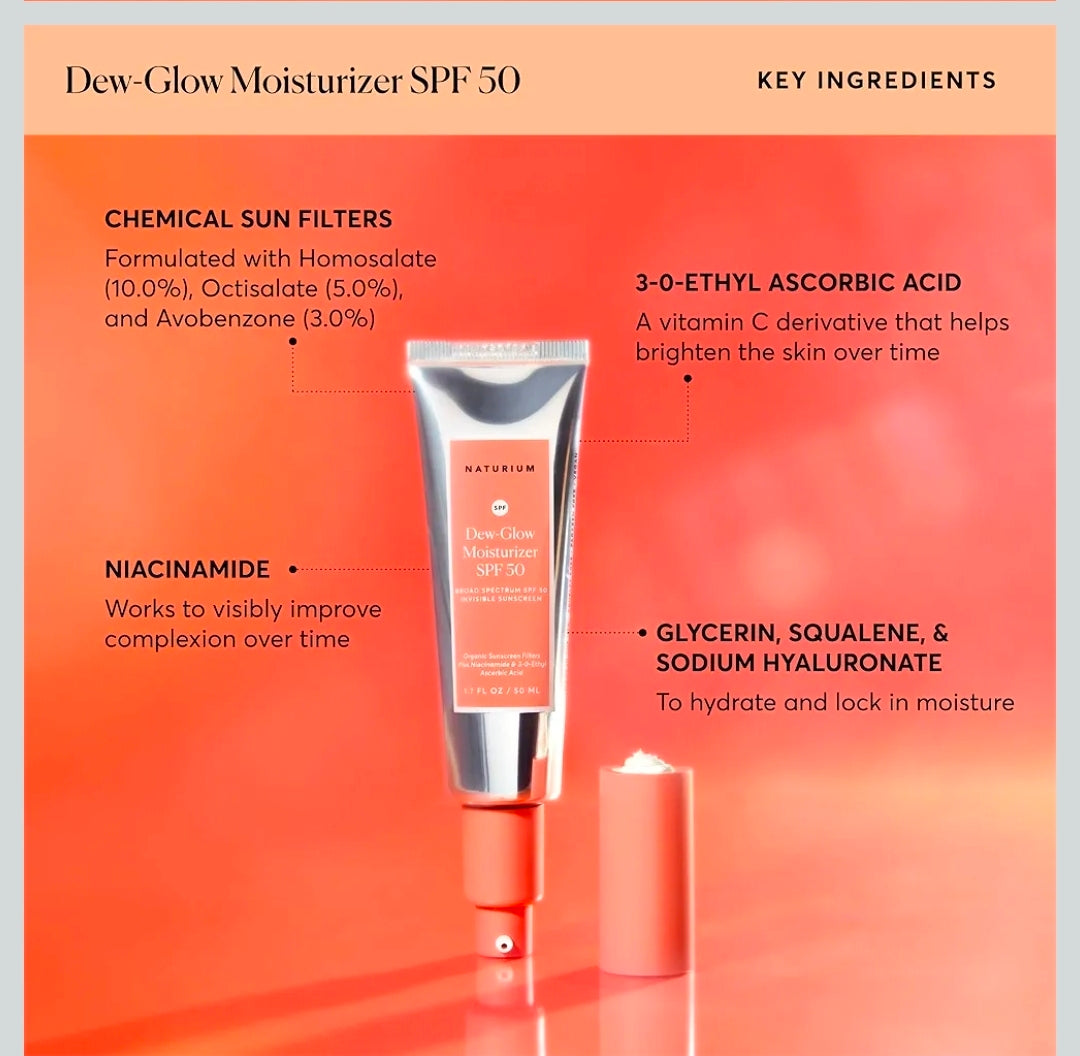 Naturium Dew-Glow Tinted Moisturizer SPF 50+ Light, protector solar hidratante diario y prebase facial con tinte, protector de piel con acabado húmedo, 1.7 oz