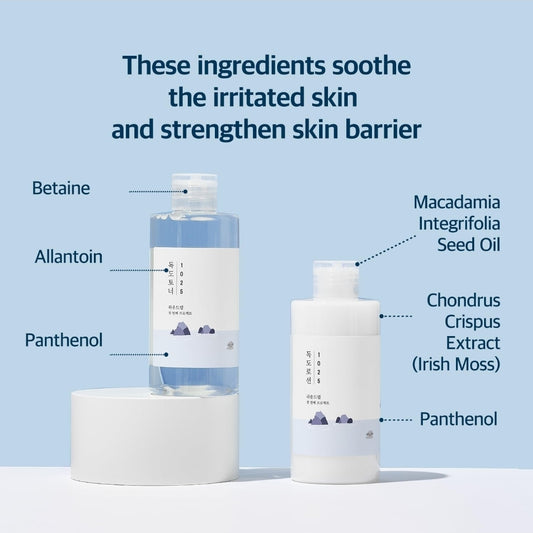 Set Round LAB 1025 Dokdo Tónico + Loción Dokdo: exfoliante suave de células muertas sin irritación, hidratante, tónico acuoso, loción para piel sensible.