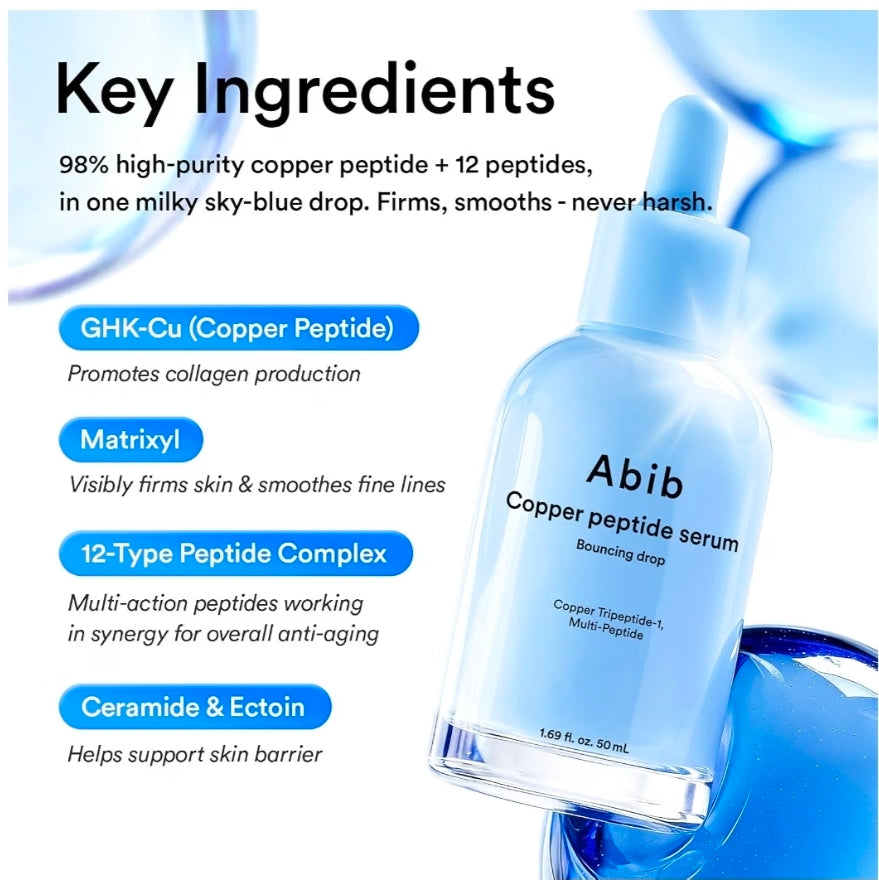Abib Copper Peptide Serum Bouncing Drop – GHK-Cu, Argireline & Matrixyl Peptide Face Serum, Skin Texture & Hydration