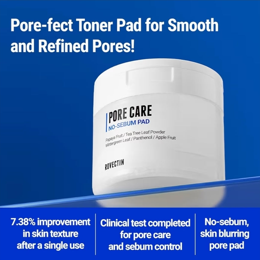 ROVECTIN Pore Care No-Sebum Pad for Sebum Clearing and Pore Clearing with Green Fruit Complex, Gentle Exfoliating Pads - 60 Pads