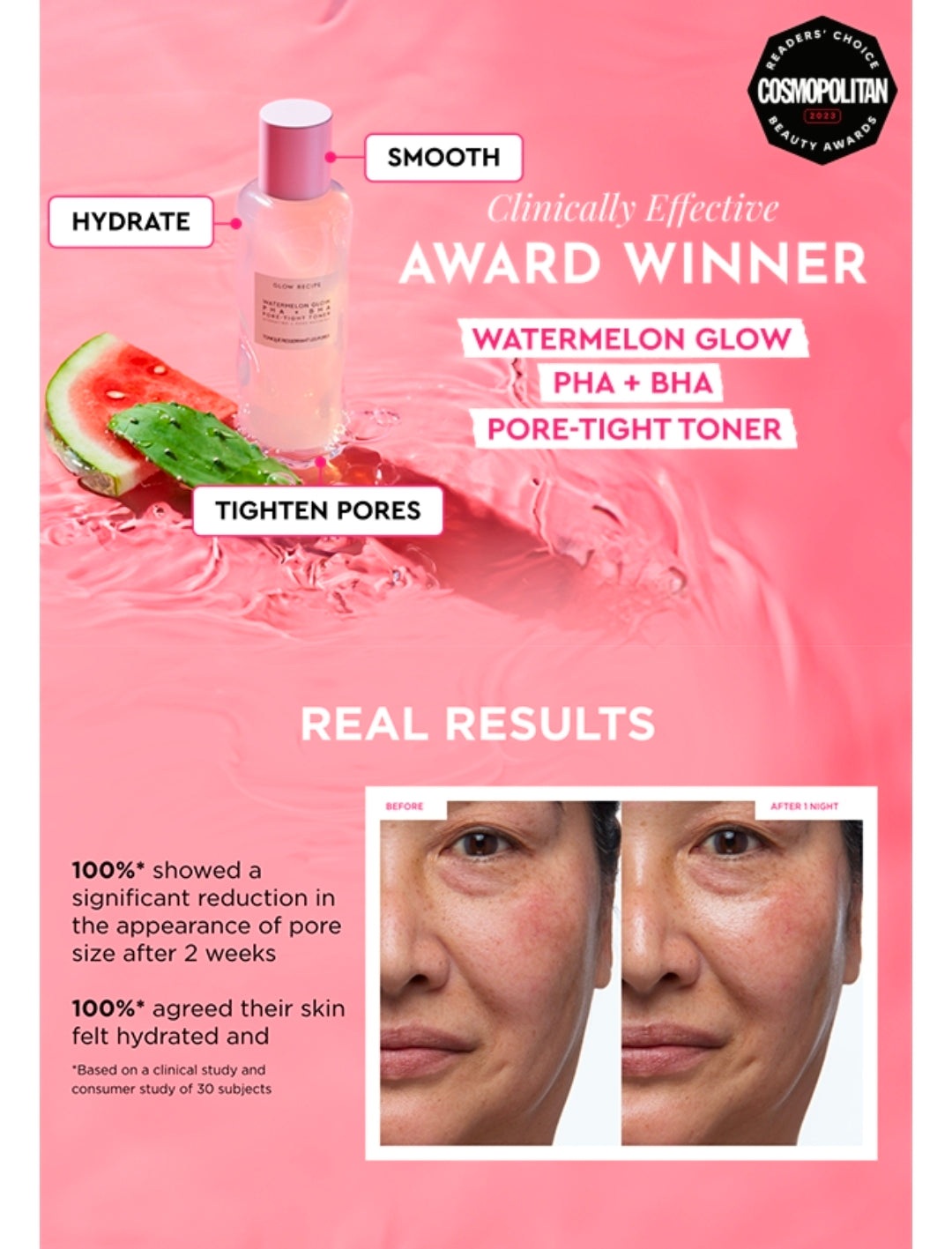 Tónico facial Glow Recipe PHA + BHA: minimizador de poros y exfoliante facial suave para reafirmar, hidratar y exfoliar. Glicerina, agua de sandía y cactus.