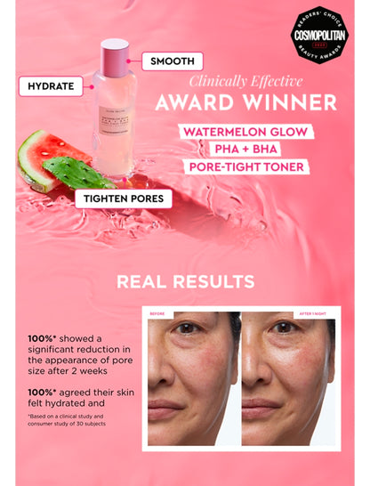 Tónico facial Glow Recipe PHA + BHA: minimizador de poros y exfoliante facial suave para reafirmar, hidratar y exfoliar. Glicerina, agua de sandía y cactus.