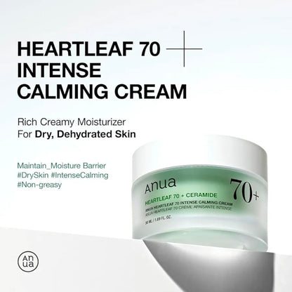 Anua Heartleaf 70 + Ceramides  Intense Calming Cream - Contains Ceramides and Panthenol, effective ingredients to repair and hydrates damaged skin barrier
