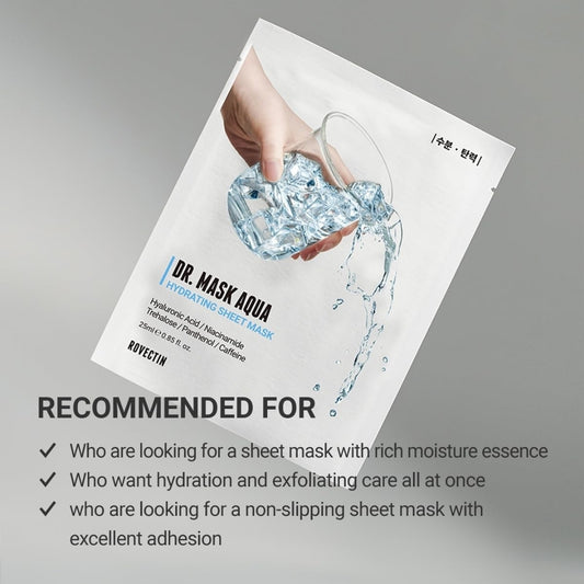 ROVECTIN Dr. Mask AQUA Hydrating Sheet Mask - 7 Layers of Hyaluronic Acid Facial Mask with Niacinamide (Vit B3) and Panthenol (Vit B5) - Anti-aging barrier repair complex - 1 Mask
