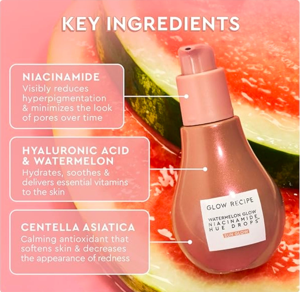 Glow Recipe Watermelon Glow Niacinamide Hue Drops Serum Sun Glow - Bronzing Drops to Brighten & Hydrate - Makeup Primer & Liquid Highlighter to Blur Pores for a Radiant, Even Skin Tone