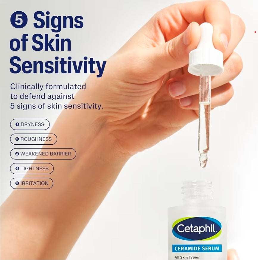 Suero de ceramidas Cetaphil: hidrata y restaura la barrera cutánea. Formulado con ceramidas y centella asiática. Diseñado para pieles sensibles. Sin fragancia. Probado por dermatólogos.