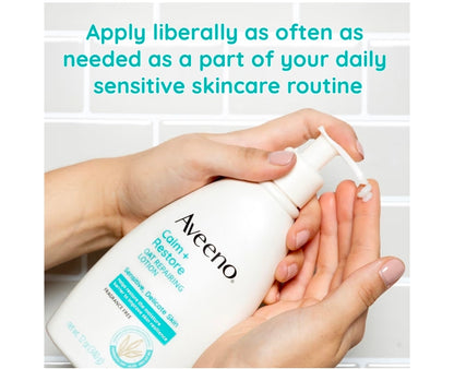 Aveeno Calm + Restore Oat Repairing Body Lotion para piel sensible: humectante diario con avena prebiótica, aloe y provitamina B5. Loción corporal sin fragancia que ayuda a sanar la piel seca.
