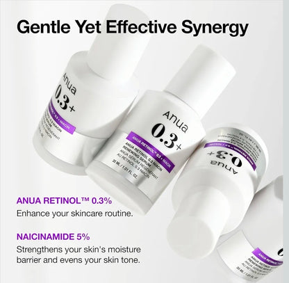 Suero Anua Retinol 0.3% - Antiedad, Piel Texturizada, 0.3% Retinol + 5% Niacinamida, más de 20 ingredientes calmantes, suave para pieles principiantes y sensibles.