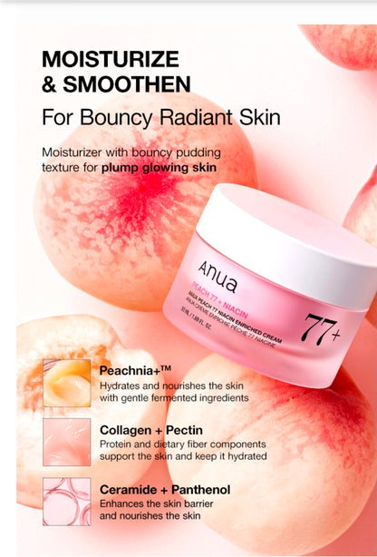 Anua Peach 77+ Niacin -  Niacinamide Cream, Face Moisturizer for Dry Skin with Vitamin B12, Collagen, Ceramide, Panthenol for Healthy Glass Skin