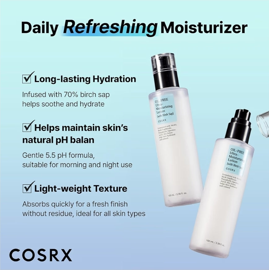 COSRX Oil Free Ultra- Moisturizing Lotion with Birch Sap - Daily Acne Facial Moisturizer, Hydrating Moisturizer for All Skin Types, Paraben free