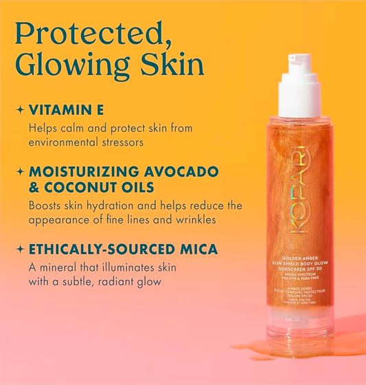 Protector solar Kopari Body Glow, FPS 30 de amplio espectro - Textura en gel ligero y brillante de rápida absorción, no pegajosa, resultados radiantes, color ámbar dorado