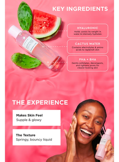 Tónico facial Glow Recipe PHA + BHA: minimizador de poros y exfoliante facial suave para reafirmar, hidratar y exfoliar. Glicerina, agua de sandía y cactus.