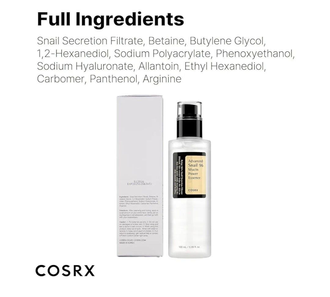 COSRX Advanced Snail 96 Mucin Power Essence - Repairing Serum, Hydrating Serum with Snail Secretion Filtrate for Dull Skin & Fine Lines