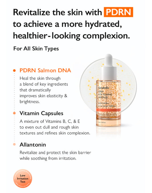 Genabelle PDRN Vita Toning Ampoule - Lightweight Glass Skin & Toning Ampoule with Vitamin B, C, E, PDRN, Serum for Blemishes, Fine Lines and Rough Skin Texture