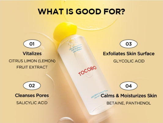 Tónico facial de limón TOCOBO AHA BHA: vitamina C y extracto de limón, AHA, BHA, calmante, hidratante, vegano.