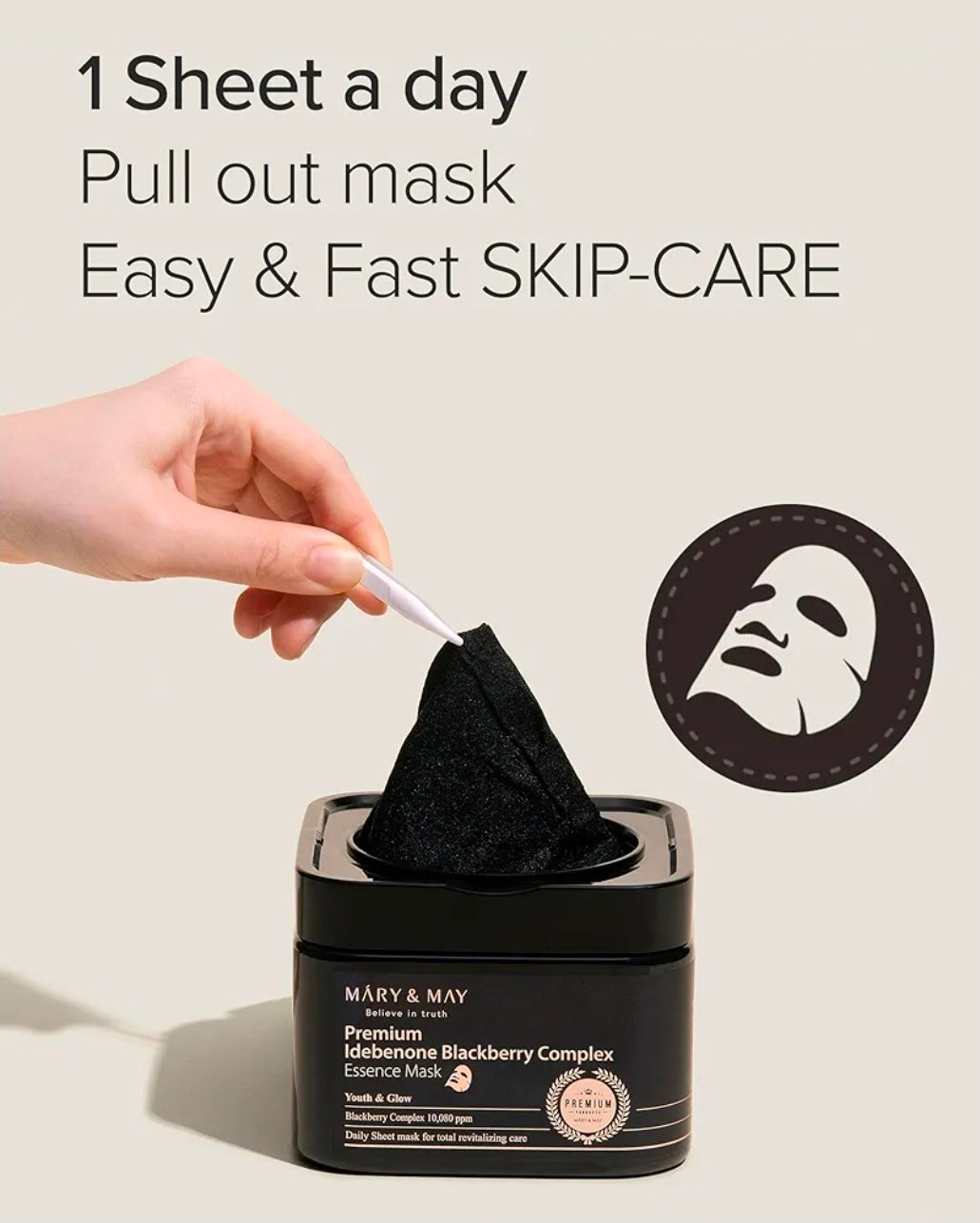 Mascarilla de esencia premium con complejo de idebenona y mora de Mary & May - Antiedad de dosificación rápida - Vitamina C, pantenol y ceramida para una piel hidratada y radiante