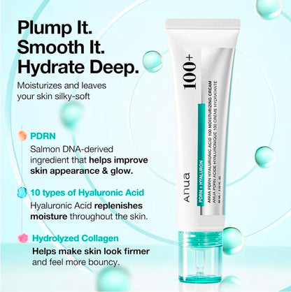 Anua PDRN Hyaluronic Acid 100 Moisturizing Cream - Lightweight Hydrating Moisturizer with Salmon DNA, Hyaluronic Acid, Collagen